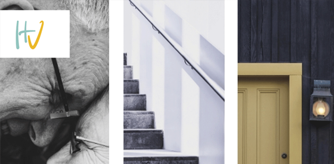 Imagen de pareja de abuelos en un hogar accesible. Imagen de unas escaleras sin adaptar y un acceso sin adaptar.